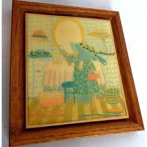 Vintage Susan Gantner Art Hippopotamus Hats Tile Trivet Plaque Framed